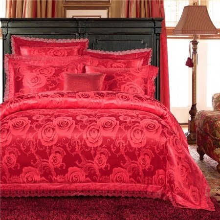 Solid Vermilion Red Victorian Rose Sparkle Pattern Sexy Lace Design Romantic Upscale Jacquard Satin Fabric Full, Queen Size Bedding Sets