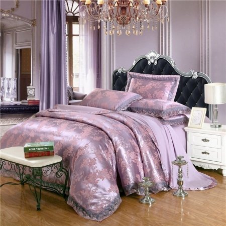 Mauve Purple and Puce Victorian Lace Design Branches Pattern Vintage Look Luxury Jacquard Satin Full, Queen Size Bedding Sets