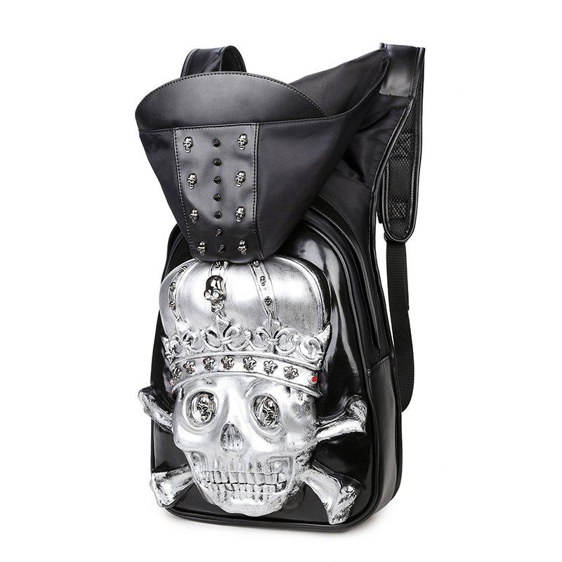 Silver Women Backpack W-3D Sculpled Skull | Waterproof Travel Backpack W-Gothic Skull | Cool Punk Backpack W-Tassel Zip Pull| Filinapo