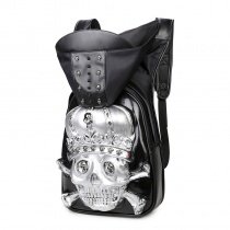 Black Leather Metallic Silver Embossed Skull Crossbones Cool Boys School Campus Book Bag Personalized Punk Studded Large Travel Backpack