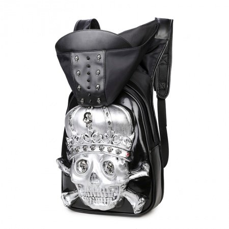 Black Leather Metallic Silver Embossed Skull Crossbones Cool Boys School Campus Book Bag Personalized Punk Studded Large Travel Backpack