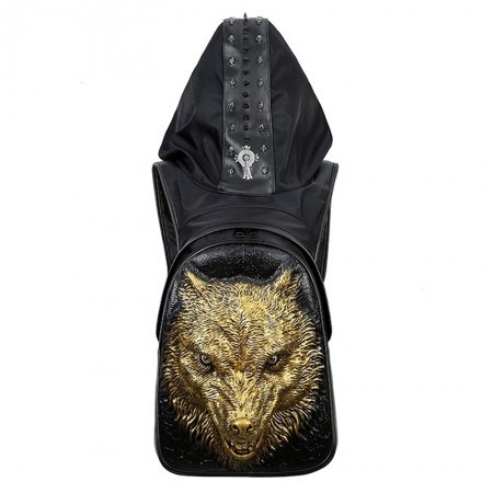 Punk Style Black Embossed Leather Gold Wolf Head Cool Men Large Travel Laptop Backpack Personalized Skull Studded School Campus Book Bag