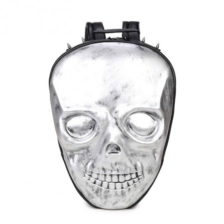 Metallic Silver Leather Spike Rivet Studded Cool Men Travel Backpack Punk Rock and Roll Style Embossed Skull-shaped School Book Bag