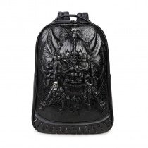 Black Patent Leather Embossed Pirate Skull Cool Men Large Travel Backpack Punk Rock and Roll Style Spike Rivet Studded School Book Bag