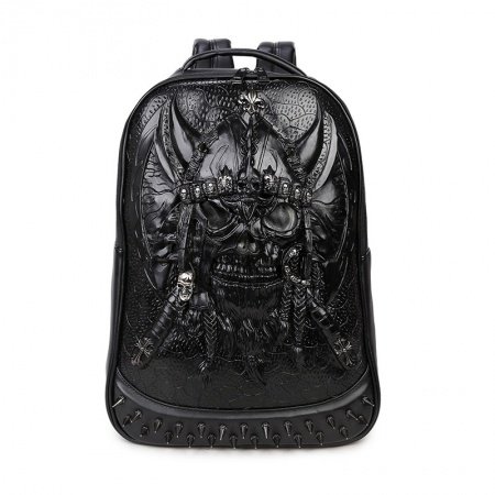 Black Patent Leather Embossed Pirate Skull Cool Men Large Travel Backpack Punk Rock and Roll Style Spike Rivet Studded School Book Bag
