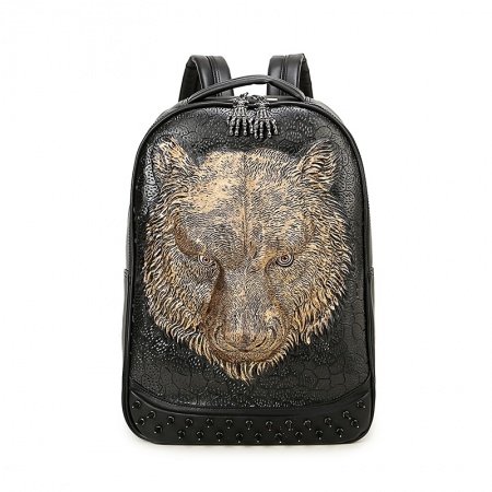 Personalized Black Leather Embossed , Metallic Gold Wolf Head Men Travel Backpack Punk Rock and Roll Spike Studded School Campus Book Bag