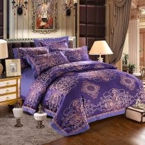 Traditional Dark Purple Blue and Metallic Gold Retro Gothic Pattern Tribal Print Luxury Jacquard Satin Full, Queen Size Bedding Sets