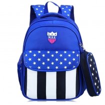 Sapphire Blue Black White Nylon Boys Preppy School Book Bag Personalized Medallion Star Rugby Stripe Print Pupil Flap Campus Backpack