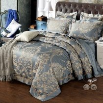 Cool Gray and Gold Rococo Pattern Elizabethan Style Vintage Shabby Chic Jacquard Satin Full, Queen Size Bedding Sets