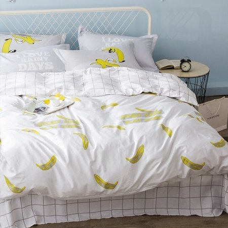 Kids Yellow and White Banana Print Hipster Preppy Style Simply and Funky 100% Organic Cotton Twin, Full Size Bedding Sets