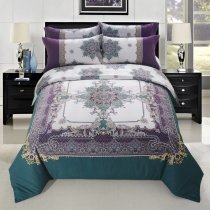 Dark Teal Eggplant Purple Gold and Beige BOHO Moroccan Indian Pattern Sophisticated 100% Brushed Cotton Full, Queen Size Bedding Sets