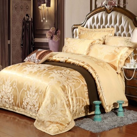 Luxury Gold Gothic Pattern Royal Style Noble Excellence Jacquard Satin Full, Queen Size Bedding Sets