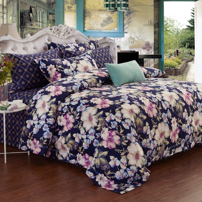 Beautiful Deep Blue White and Purple Antique Floral Print Rustic Chic Shabby Chic Full, Queen