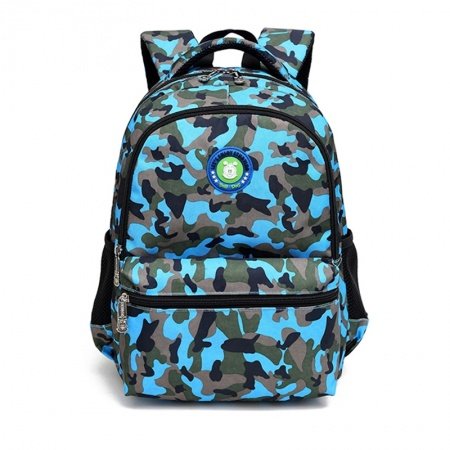 Taupe Gray Green and Aqua Blue Nylon Boys Pupil School Book Bag Military Camouflage Print Preppy Campus Backpack