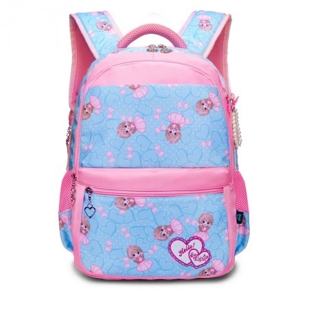 Aqua Blue and Pink Polyester Elegant Girly Girls Pupil School Book Bag Polka Dot Bow Heart Print Preppy Campus Backpack
