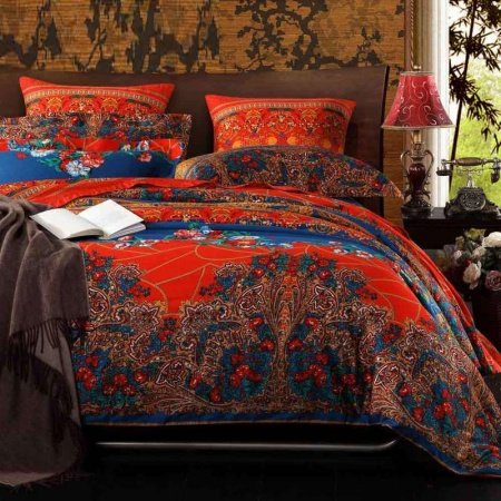 Chinese Red Purple and Peacock Blue Tribal Print Bohemian Chic Full, Queen Size Bedding Sets