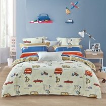 Red Beige Blue and Coffee Brown Vintage Car and Motorcycle Print Funky Kid Boys Girls Twin, Full, Queen Size Bedding Sets