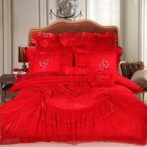 Elegant Red Flower and Heart Ruffle and Lace Romantic Shabby Chic Luxury Jacquard Satin Full, Queen Size Bedding Sets