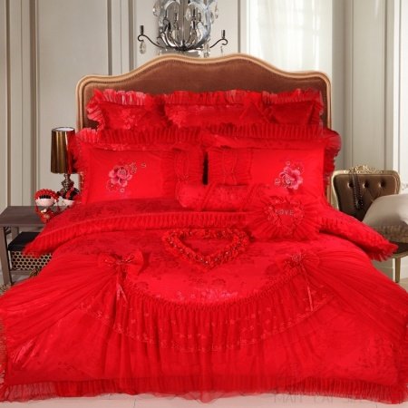 Elegant Red Flower and Heart Ruffle and Lace Romantic Shabby Chic Luxury Jacquard Satin Full, Queen Size Bedding Sets