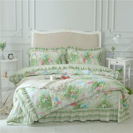 Beautiful Lime Green Beige Blue Gold and Hot Pink Floral Print French Country Full, Queen Size Bedding Sets