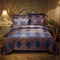 Midnight Blue and Gold Patchwork Ikat Pattern Moroccan Style Luxury Jacquard Satin Full, Queen Size Bedding Sets
