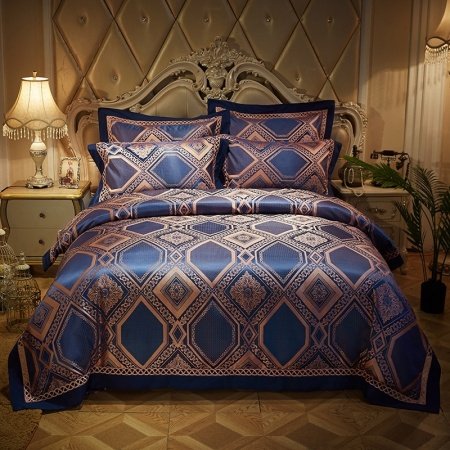 Midnight Blue and Gold Patchwork Ikat Pattern Moroccan Style Luxury Jacquard Satin Full, Queen Size Bedding Sets