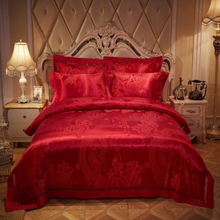 Red Dragon Pattern Oriental Style Sequin Soft Jacquard Satin Full, Queen Size Bedding Sets