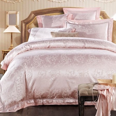 Dusty Pink Scroll Pattern Sequin Boutique Vintage Soft Jacquard Satin Full, Queen Size Bedding Sets
