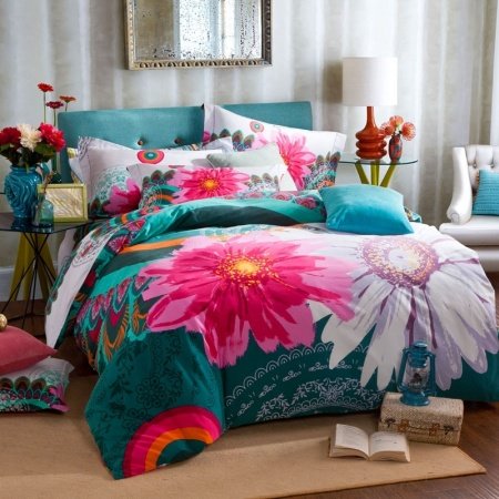 Teal Hot Pink and White Watercolor Flower Full, Queen Size Bedding Sets
