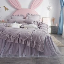 Gray Lace and Bow Vintage Shabby Chic Embroidered Ruffle Full, Queen Size Bedding Sets