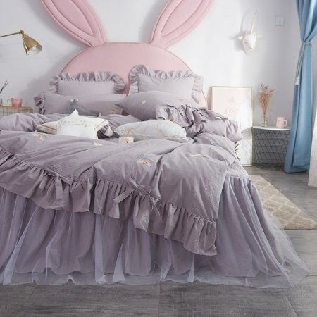 Gray Lace and Bow Vintage Shabby Chic Embroidered Ruffle Full, Queen Size Bedding Sets