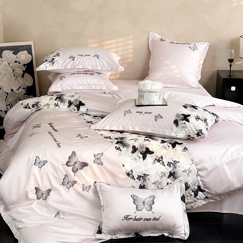 Pink and Gray Butterfly Luxury Soft Full, Queen Size Bedding Sets