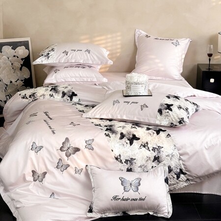 Pink and Gray Butterfly Luxury Soft Full, Queen Size Bedding Sets
