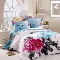 Aqua Blue Black Red and White Oriental Inspired Design Ink Painting Peony Print Full, Queen Size Bedding Sets