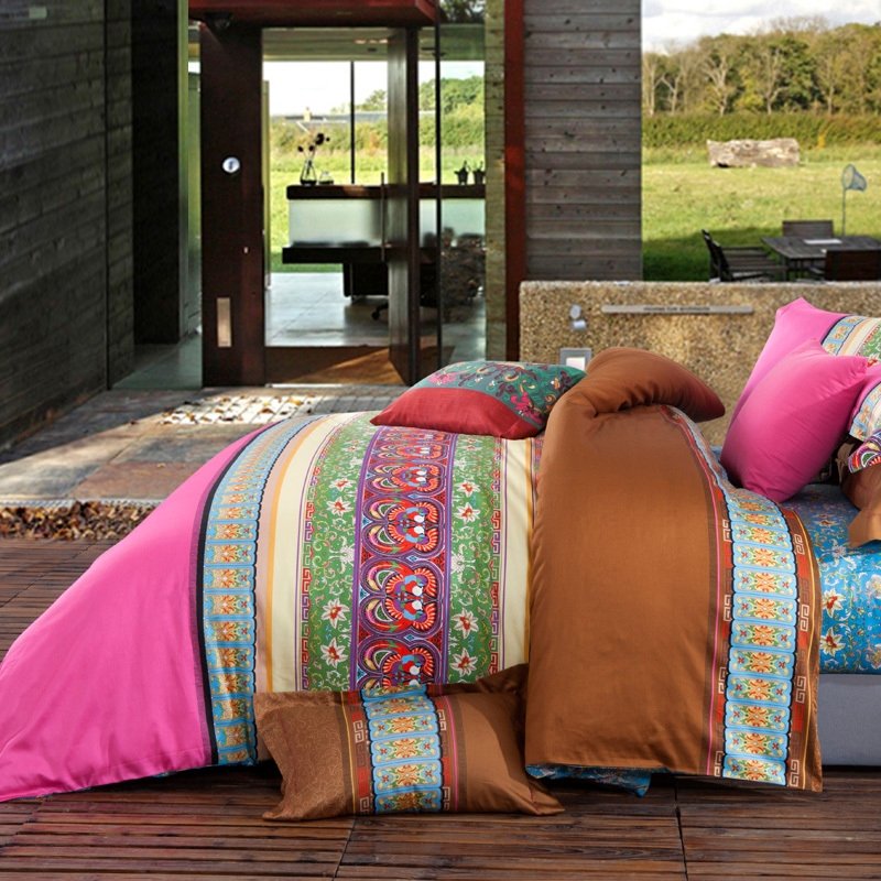 Pink Purple and Green Chic Circles and Tribal Print Striped 100 Cotton