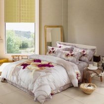 White Purple and Light Tan Rustic Flower Print Full, Queen Size 100% Woven Cotton Bedding Sets