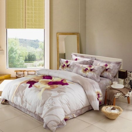 White Purple and Light Tan Rustic Flower Print Full, Queen Size 100% Woven Cotton Bedding Sets