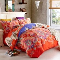 Orange-Red and Royal Blue Western Tribal Print Luxury Paisley and Modern Indian Pattern 100% Egyptian Cotton Full, Queen Size Bedding Sets