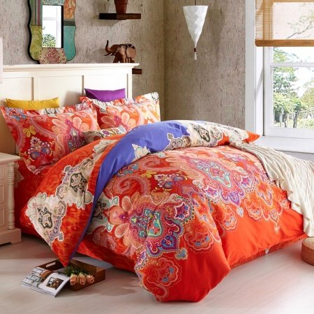 Orange-Red and Royal Blue Western Tribal Print Luxury Paisley and Modern Indian Pattern 100% Egyptian Cotton Full, Queen Size Bedding Sets