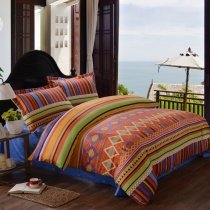 Rust Orange Navy and Yellow Modern Aztec Stripe Print Diamond Pattern Unique Moroccan Style 100% Cotton Damask Full, Queen Size Bedding Sets