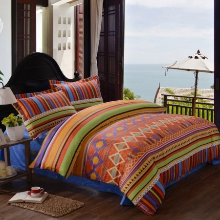 Rust Orange Navy and Yellow Modern Aztec Stripe Print Diamond Pattern Unique Moroccan Style 100% Cotton Damask Full, Queen Size Bedding Sets