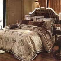 Brown Tan and Royal Gold Gothic Pattern Retro Style Moroccan Themed Noble Excellence Luxury Expensive 100% Cotton Satin Queen Size Bedding Sets