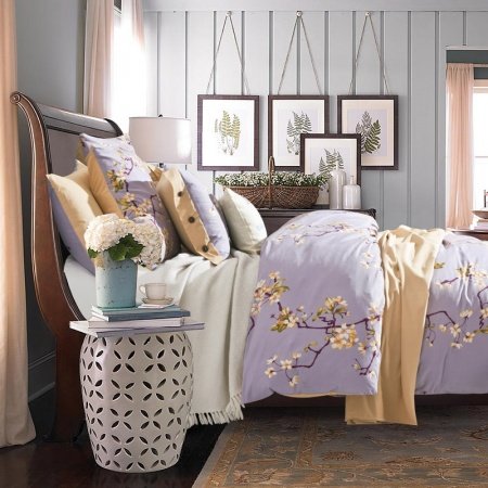 Lilac and Yellow Plum Flower Print Country Chic Rustic Style Simply Vintage Soft Durable 100% Cotton Damask Full, Queen Size Bedding Sets
