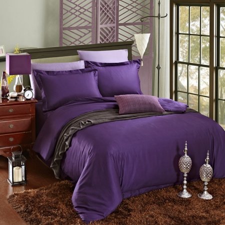 Deep Purple Plain Colored Vintage Simply Chic Western Style Unique Reversible Percale Fabric 100% Cotton Damask Full, Queen Size Bedding Sets