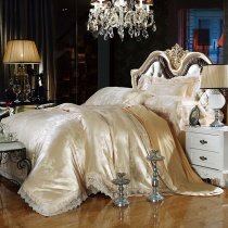 Golden and Camel Fern Leaf Royal Palace Style Noble Excellence Luxury Lace Edge Jacquard Design Full, Queen Size Bedding Sets