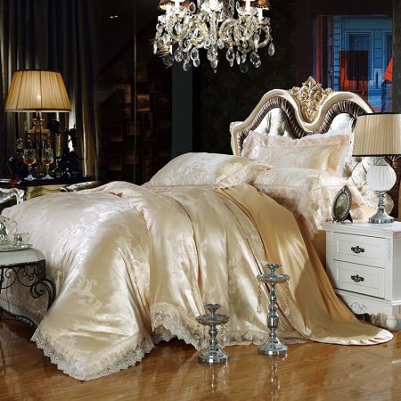 Golden and Camel Fern Leaf Royal Palace Style Noble Excellence Luxury Lace Edge Jacquard Design Full, Queen Size Bedding Sets