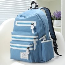 Light Blue Canvas with White Leather Trim Vogue Cute Contracted Color Blocking Girls School Backpack Trend Quilted Travel Bag
