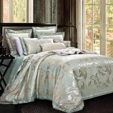 Taupe Gray and Light Turquoise Rococo Pattern Fern Leaf High Gloss Shabby Chic Southwestern Style Luxury Full, Queen Size Bedding Sets
