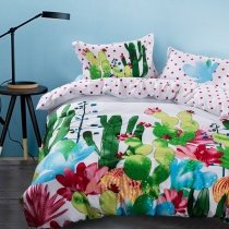 Forest Green Raspberry Red Blue and White Cactus Print Plant Vintage Natural Reversible 100% Cotton Twin, Full Size Bedding Sets