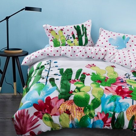 Forest Green Raspberry Red Blue and White Cactus Print Plant Vintage Natural Reversible 100% Cotton Twin, Full Size Bedding Sets